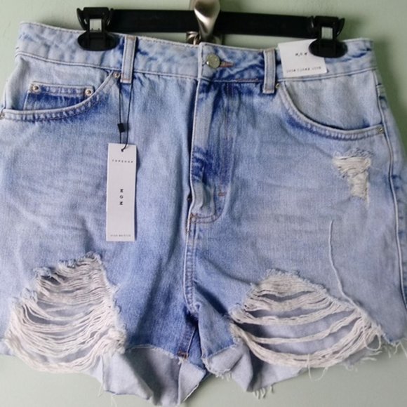 Topshop Light Blue Distressed Jean Shorts - Picture 2 of 3